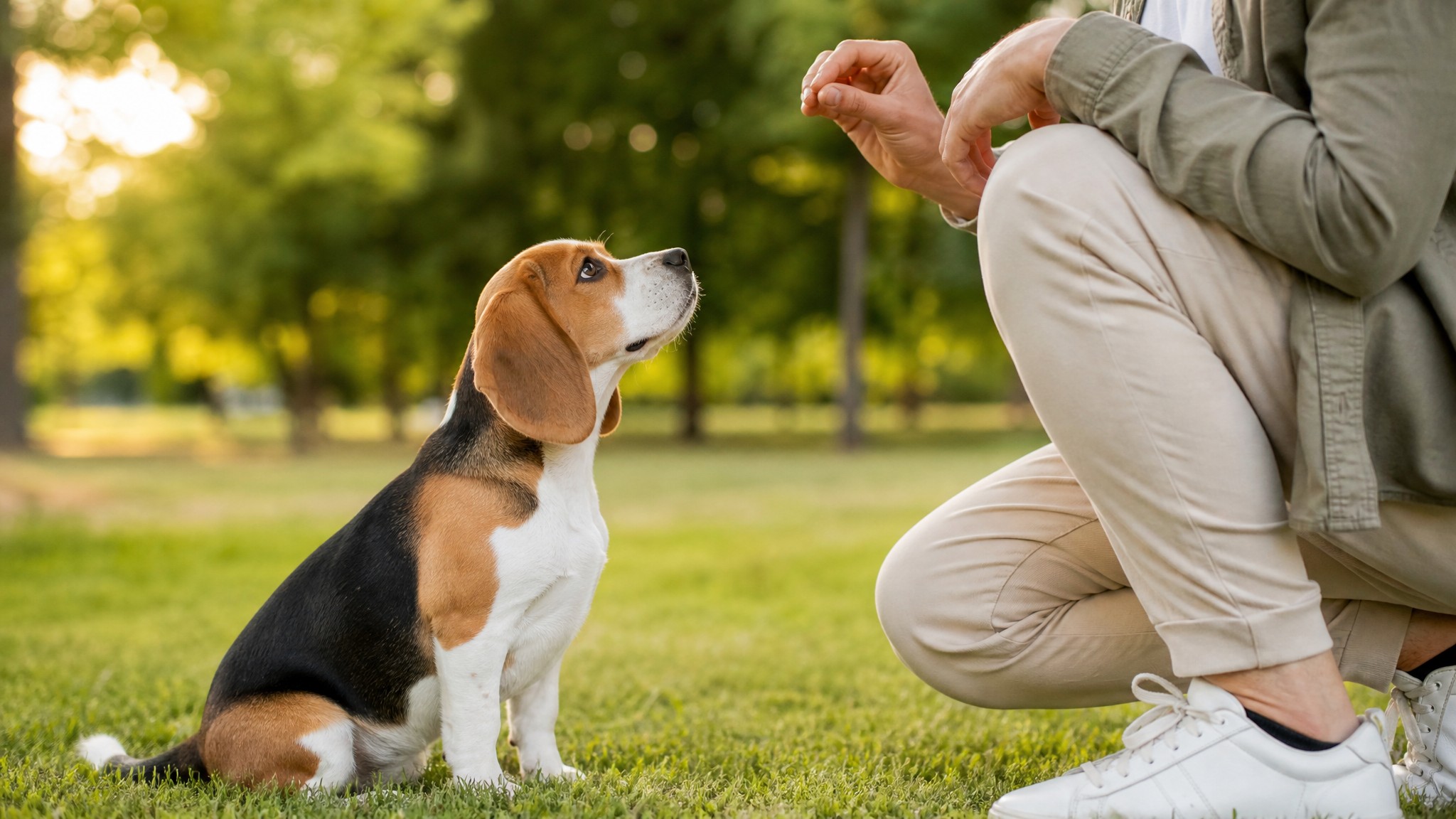 A beagle puppy sitting and looking up at its owner