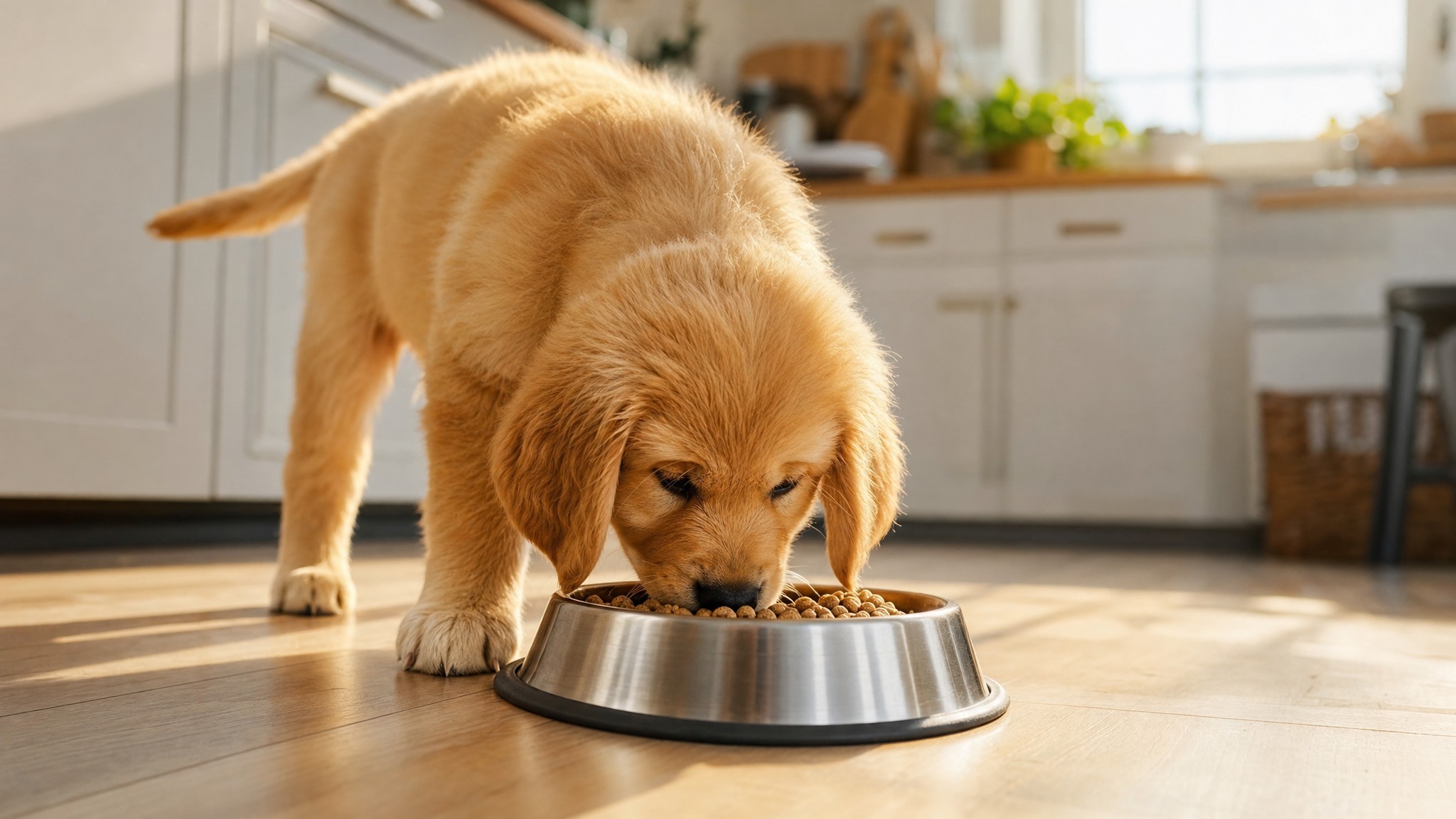A puppy eating from a stainless steel bowl