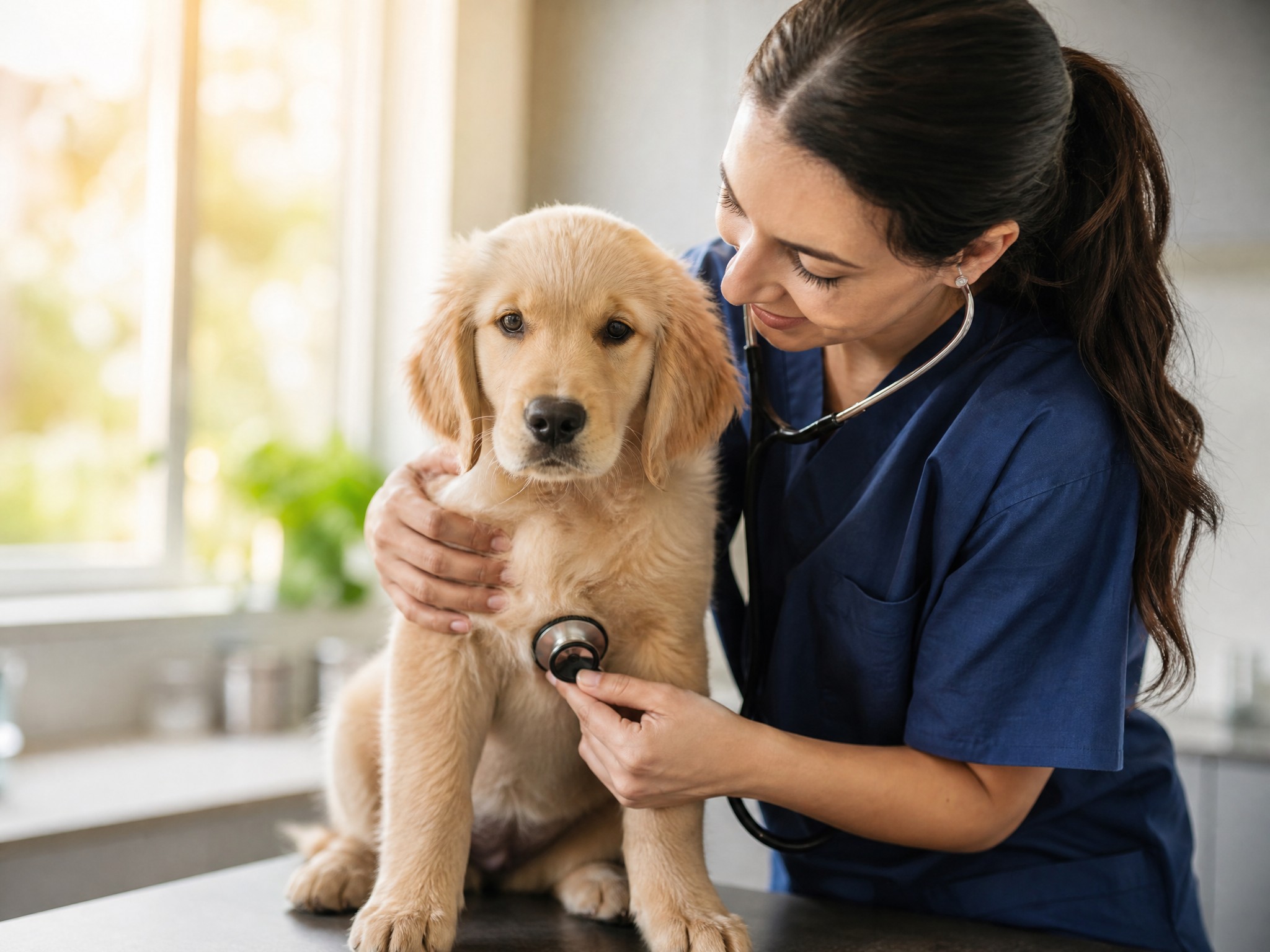 A veterinarian gently examining a calm puppy