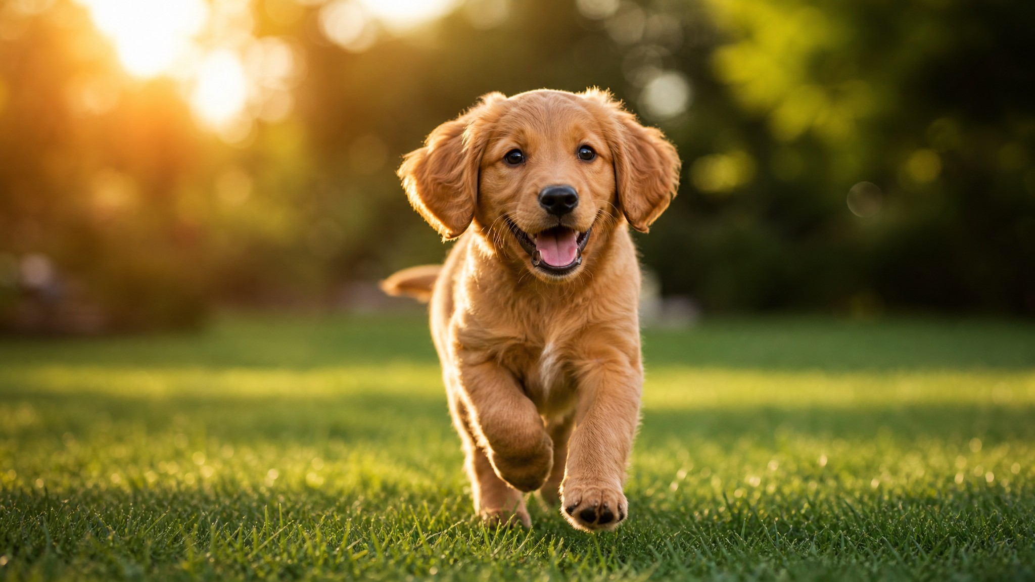 A healthy puppy running on a green lawn