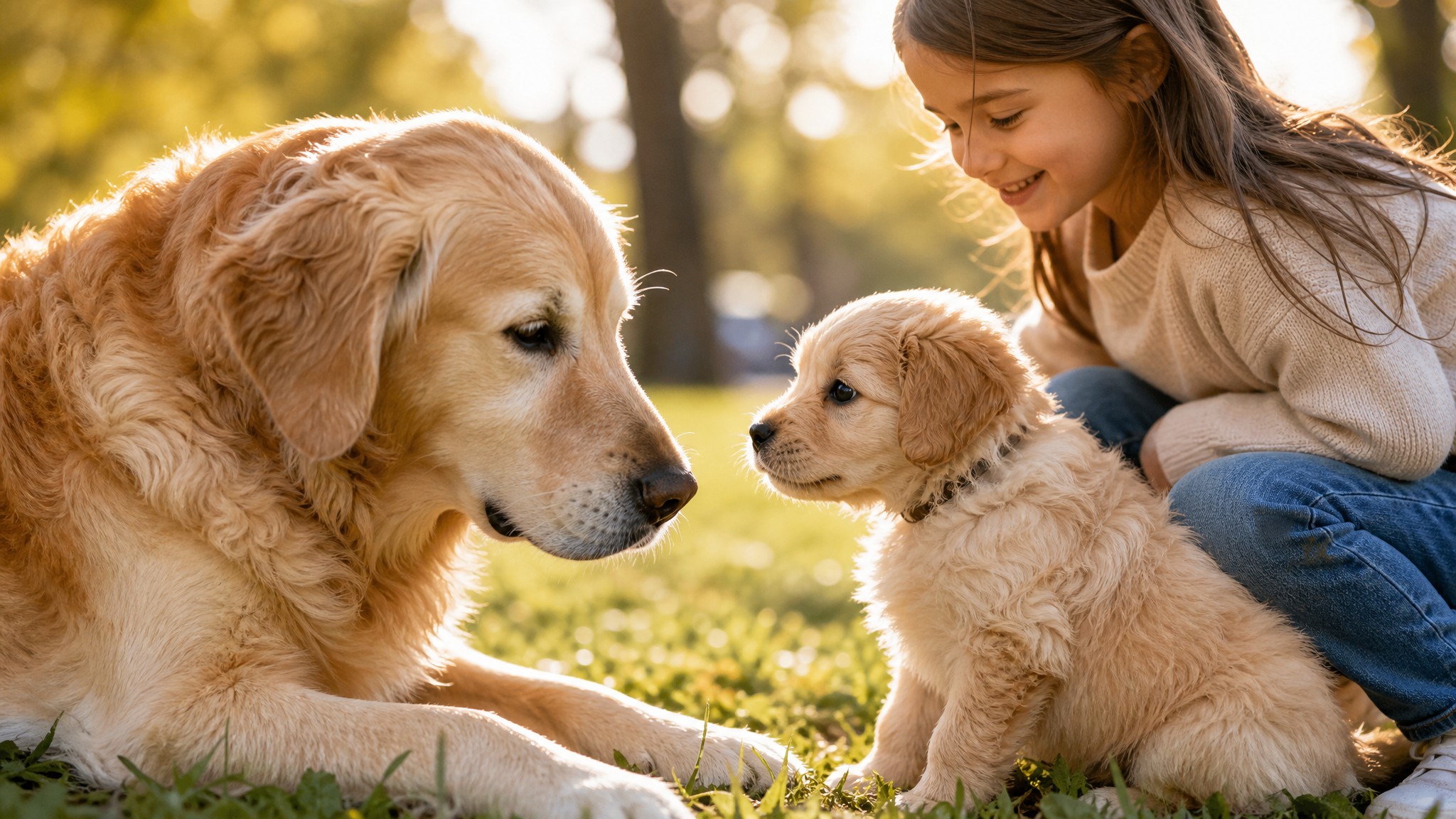 A puppy meeting a friendly dog