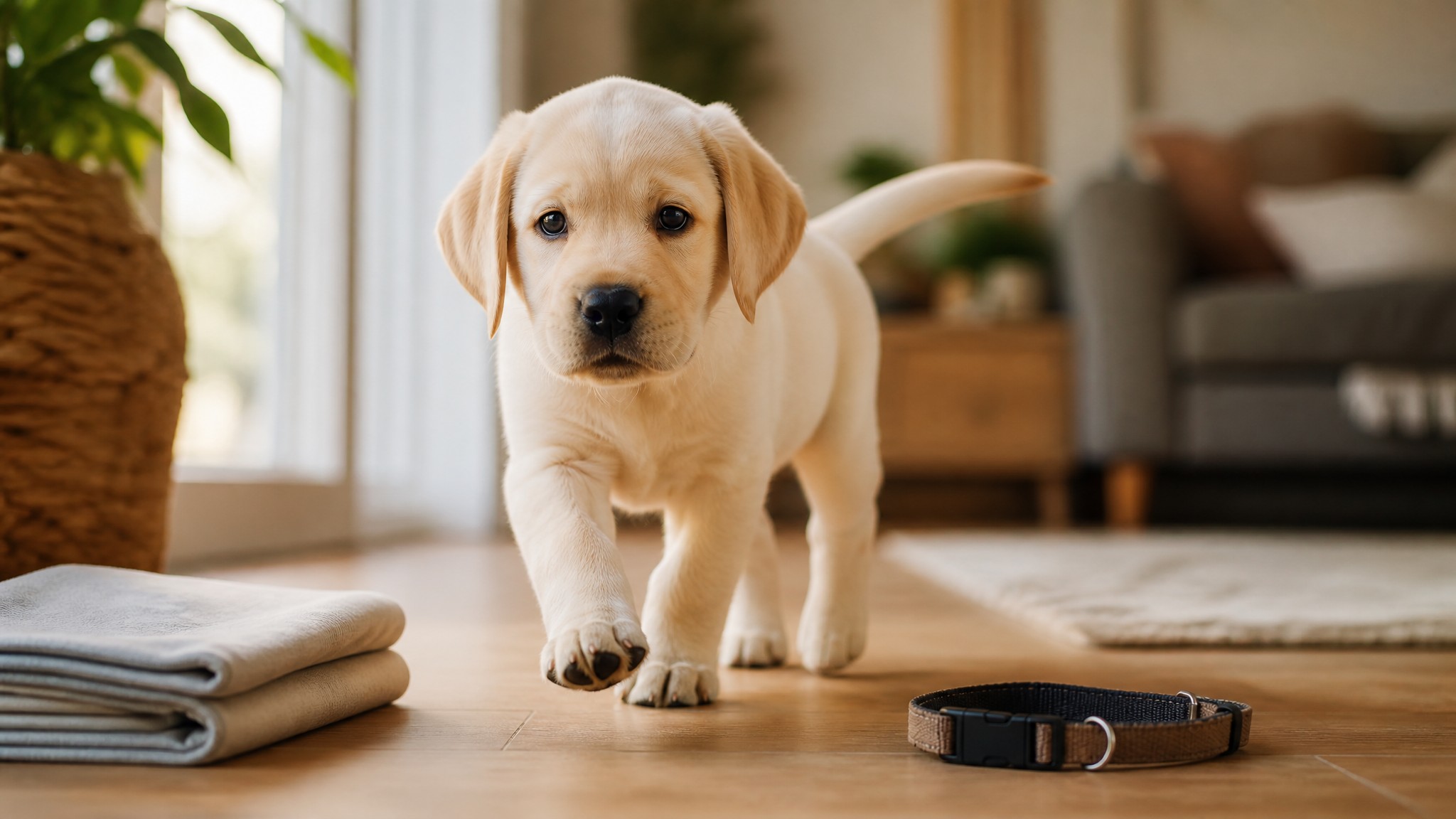 A young puppy exploring a tidy home for the first time