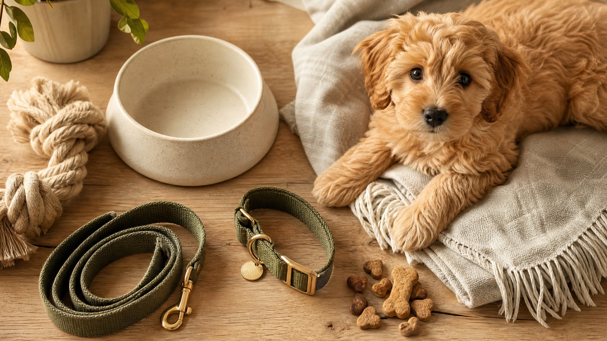 A flat-lay of new puppy supplies on a wood table
