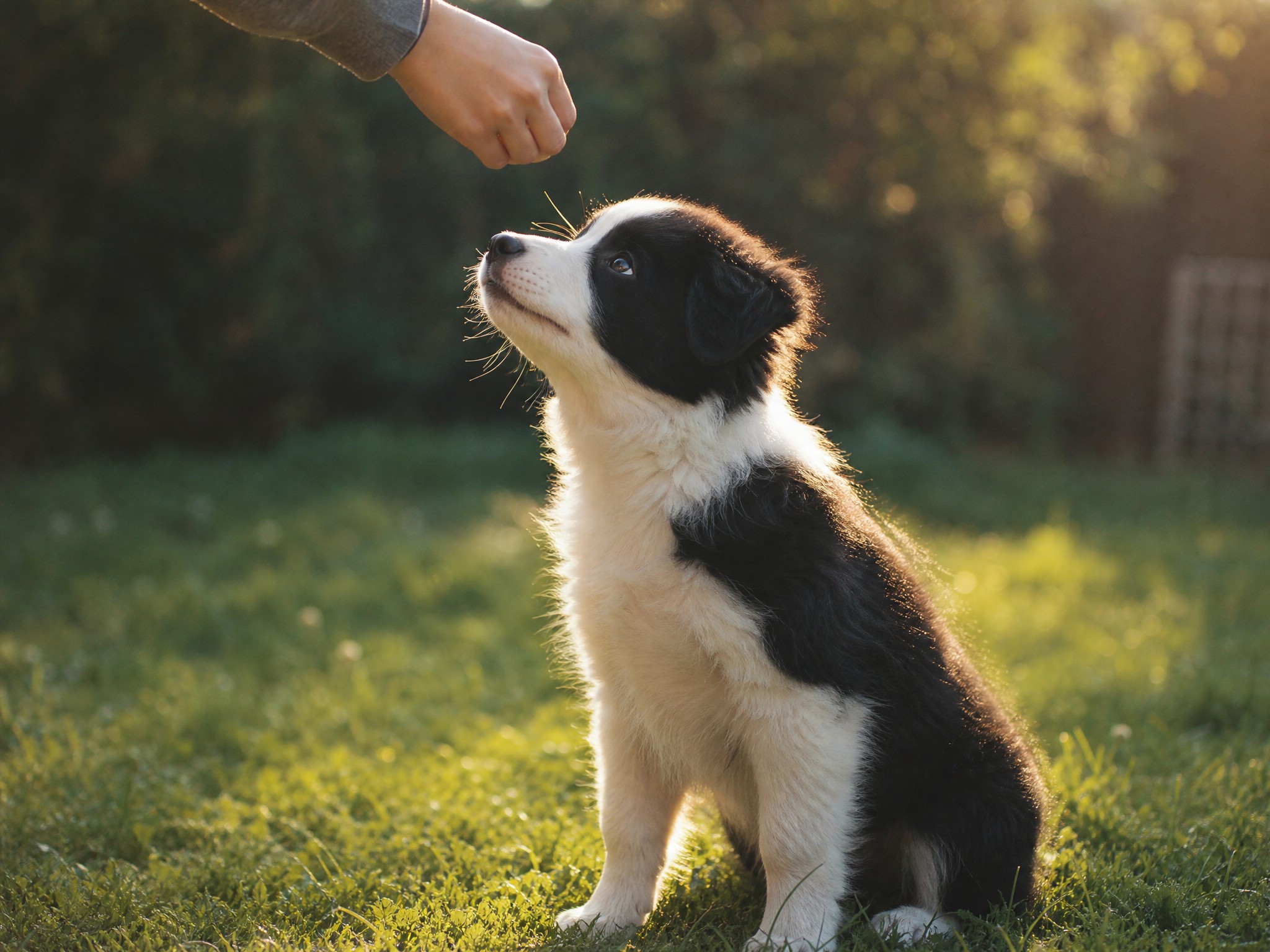 A border collie puppy learning to sit in a sunny backyard