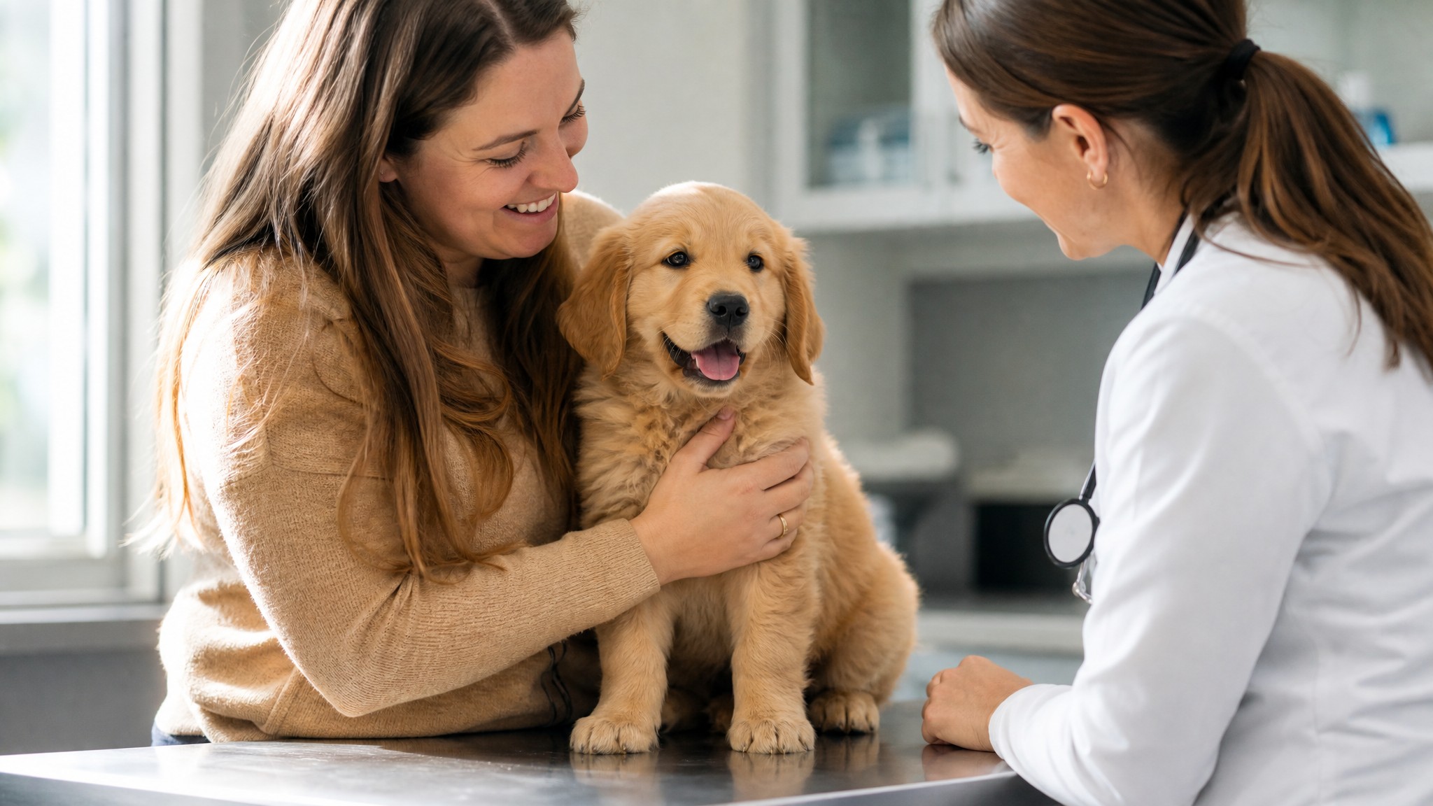 A puppy on a vet exam table